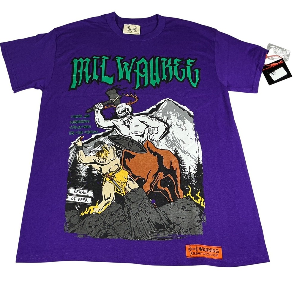 Brand X‎ Graphic T Shirt Purple Skull Deer Viking Style Mens MED NWT